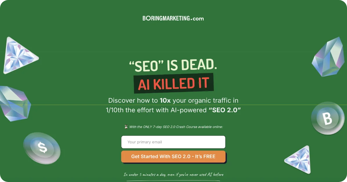 Sign-up page for Boring Marketing's free 7-day SEO 2.0 email course