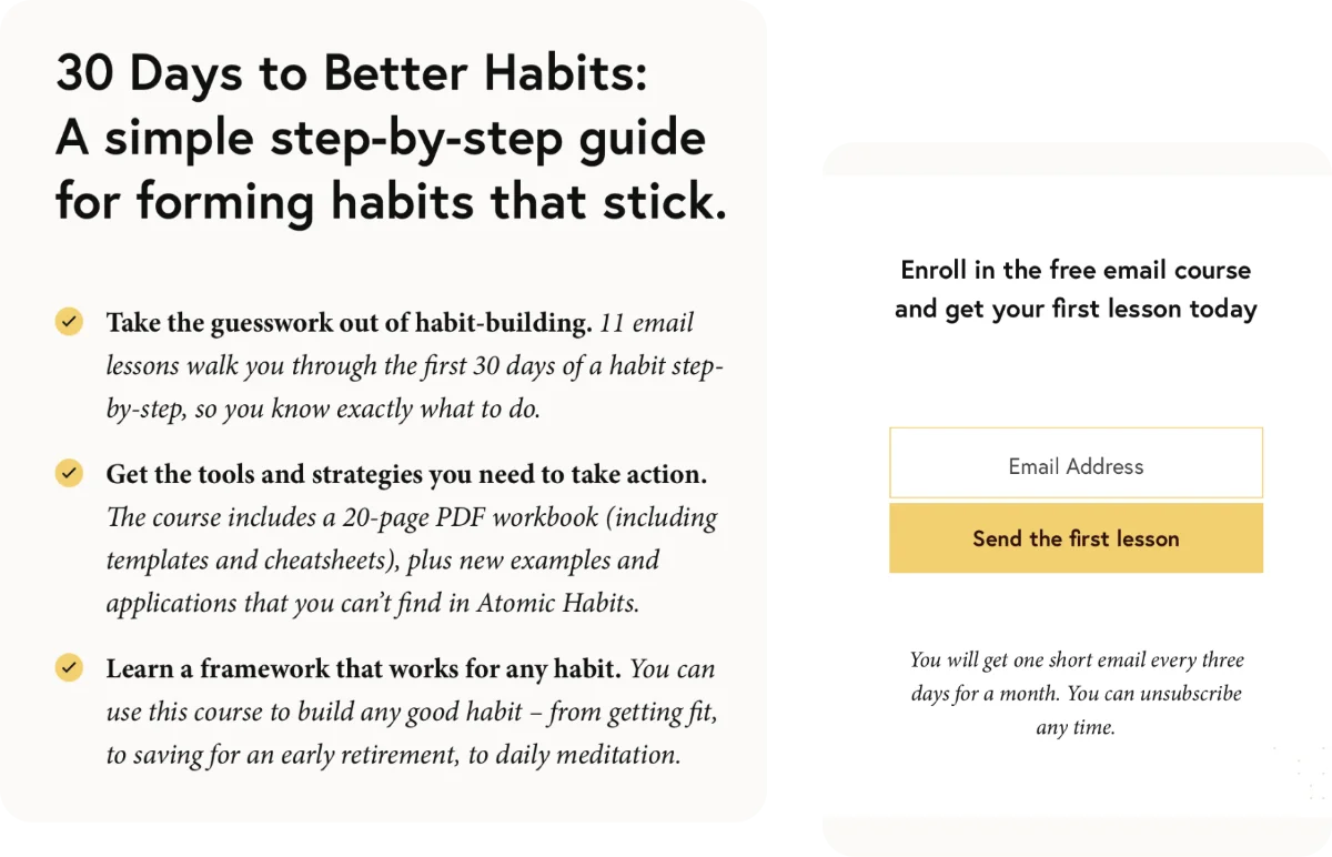Sign-up page for James Clear's free email course, 30 Days to Better Habits